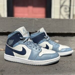 Air Jordan 1 Mid Sneakers in Sail | Diffused Blue | Size 8.5 Women's